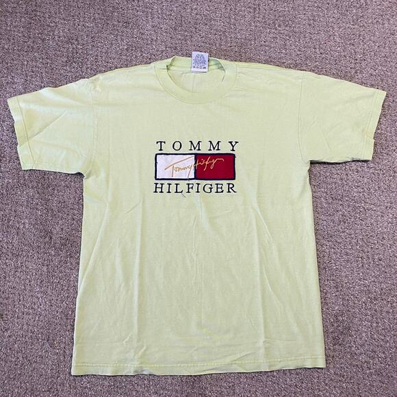VTG Tommy Hilfiger Shirt Mens L* Green Embroidered 90s Preppy Flag Streetwear - Picture 1 of 4